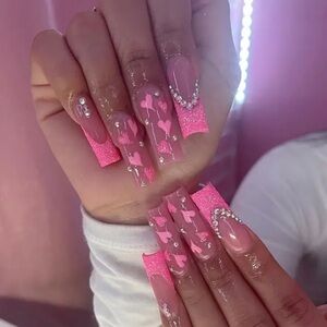 24pcs Glossy Long Square Glitter Pinkish French Tip Press On Nails With Hearts